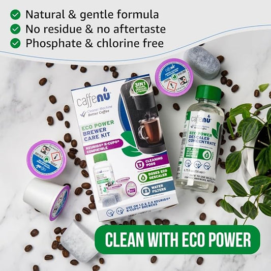 Caffenu Keurig Compatible Descaling Solution Cleaner and Descaler Kit. 2 Uses Descaling Solution, 3 Cleaning Pods and 2 Filter Replacement. 3 Months Maintenance Kit. For Keurig 1.0 & 2.0