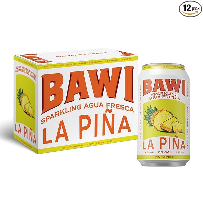Bawi La Pina Sparkling Agua Fresca, 12 Pack - Pineapple Flavored Water, Plant-Based, Low Calorie, Less Sugar, Culturally-Rooted, Mexican Drink, Made in USA, Better-For-You Soda, Authentic Mexican Drink