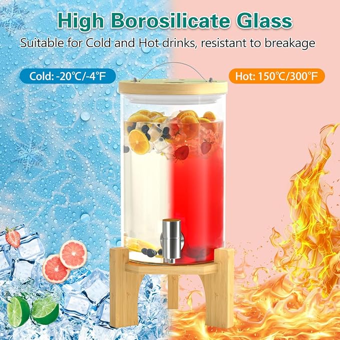 VOVUVK 1.2 Gallon Glass Drink Dispenser For Parties, Beverage Dispenser With Bamboo Wood Stand And Stainless Steel Spigot, Countertop Water Dispenser, Lemonade Dispenser For Wedding, Picnic (2PACK)