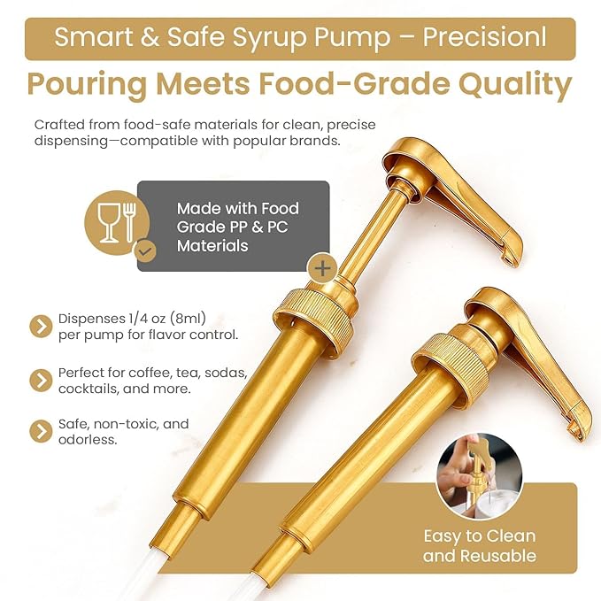 12-Pack Gold Plastic Bottle Syrup Pumps – Fits 750ml / 25.4 oz Bottles – Compatible with Torani & More – IMPORTANT: Will Not Fit Glass Bottles – Coffee Syrup Dispenser.