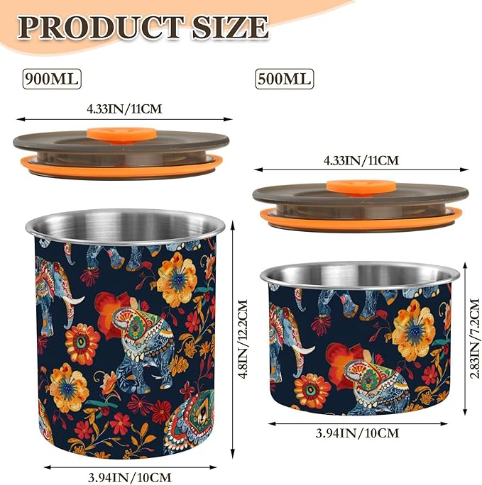 ALAZA Elephant Boho Vintage Airtight Coffee Bean Canister 900ml Food Storage Containers with Lids For Gournd, Tea, Sugar, Flour, Rice, Cereal, Candy Cookie Jar