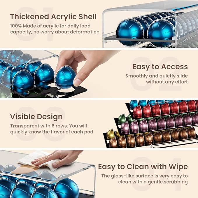 Acrylic Coffee Pod Drawer for Nespresso Vertuo Capsules, 3 Tier 60 Capacity Pods Organizer for Countertop Coffee Bar Home Office Kitchen
