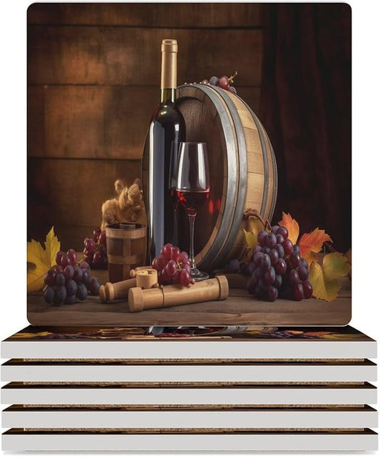 Square-6PCS Red Wine Ceramic Coasters, Square Absorbent Drink Coasters, Vintage Wood Grain Style Red Wine Grapes Maple Leaf Ceramic Table Coasters for Coffee, Beverage, Wine, Beer Coasters