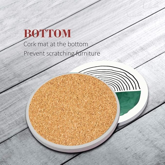 Britimes Coaster for Drinks Set of 6, Simple Retro Round Doodle Circle Absorbent Round Ceramic Stone Mat, with Cork Base and Metal Holder, Gift for Housewarming Room Bar Decor