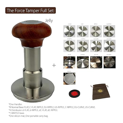 The Force Tamper Automatic Impact Adjustable Constant Pressure and Autoleveling Coffee Tamper Reddish Brown Jellyfish Wooden Handle Set Pro (Full-Set, 58.35mm)