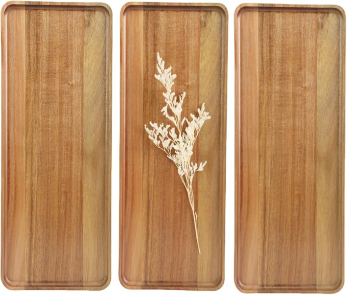 3 pcs 14"x5.3" Solid Acacia Wood Serving Trays Rectangular Wooden Serving Platters Natural Wooden Boards for Bar Coffee Party