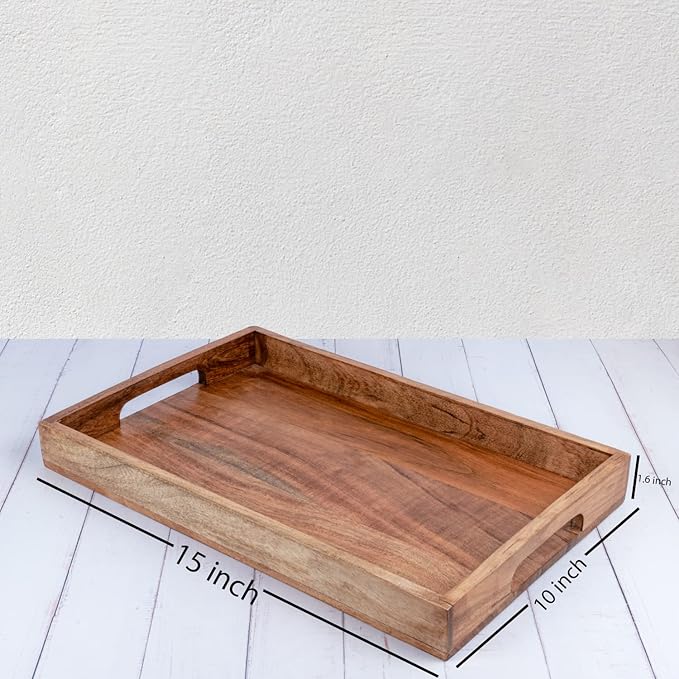 Samhita Acacia Wood Serving Tray with Handles,Wooden Tray, Snack Tray, Breakfast Tray, Great for, Breakfast, Coffee Tables, Homes, Restaurant|Size- 15" x 10" x 1.6"