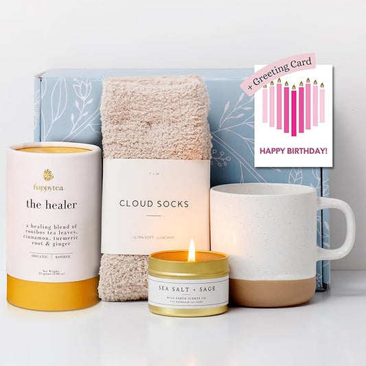 Unboxme Deluxe Birthday Care Package - Fluffy Socks, Mug, Lemon & Ginger Tea Set, Scented Candle & Greeting Card - Birthday Gift Box