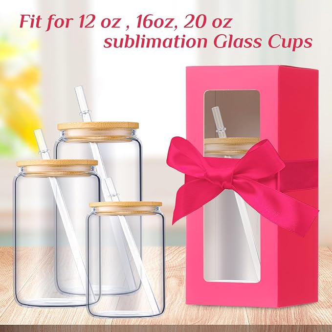 Honoson 24 Pcs Tumbler Gift Box with Ribbon for Sublimation Glass Exhibition Boxes Transparent for 12oz 16oz 20oz Drinking Cup Glasses Jars Mug Can Blanks(Hot Pink)