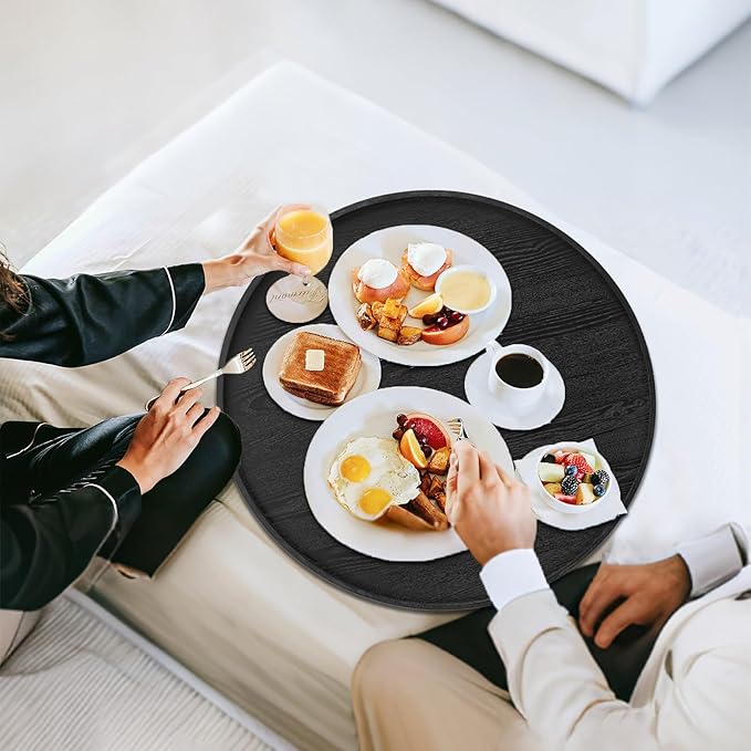 20 inch Round Solid Wood Serving Tray Extra Large Tea Coffee Snack Food Meals Serving Plate Non-Slip Kitchen Party Bar Server Ottoman Tray Breakfast Tray with Raised Edges Black
