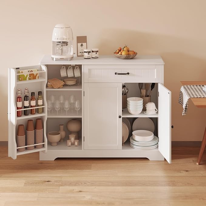 Gizoon Kitchen Coffee Bar Cabinet with Storage Kitchen Sideboard Buffet Cabinet with Drawers, Short Pantry with Door and Shelves for Bathroom and Living Room, White