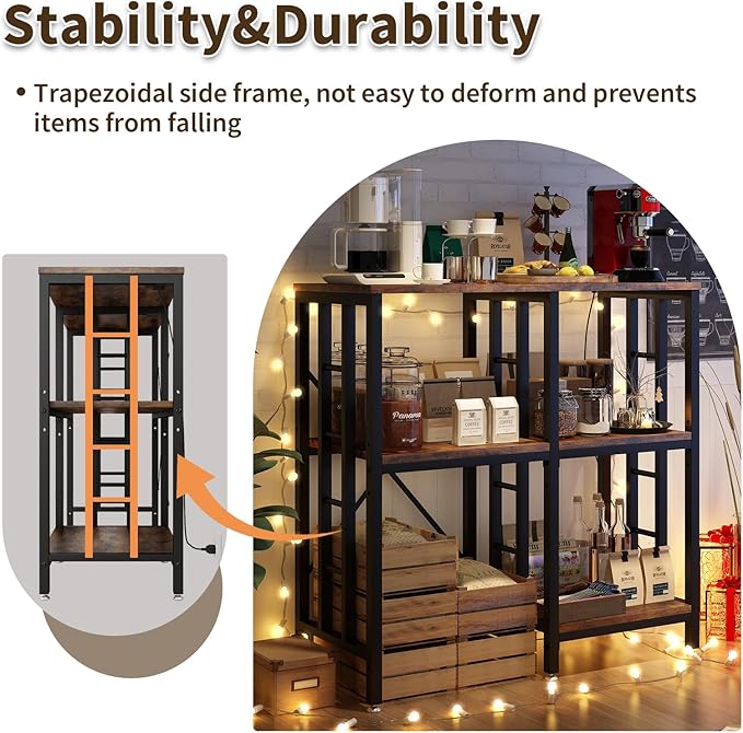 Adjustable Kitchen Bakers Rack with Power Outlet,4-Tier Microwave Stand Kitchen Cart,Mini Fridge Stand with Storage,Bar Cabinet,Suitable for Office,Coffee Bar,Living Room,Patio,Rustic Brown