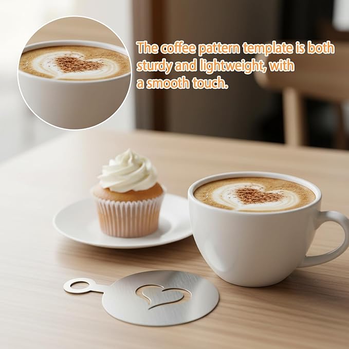4 Pcs Stainless Steel Coffee Stencils with Various Patterns for Cappuccino Chocolate Lattes Cake Decorating, Coffee Shop and Home Use