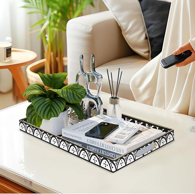 MAONAME Plastic Serving Tray with Handles, Modern Black Tray for Coffee Table, Rectangular Trays with Flower Pattern, Decorative Trays for Ottoman, 15.8" Lx 11.8" W X 1.6" H