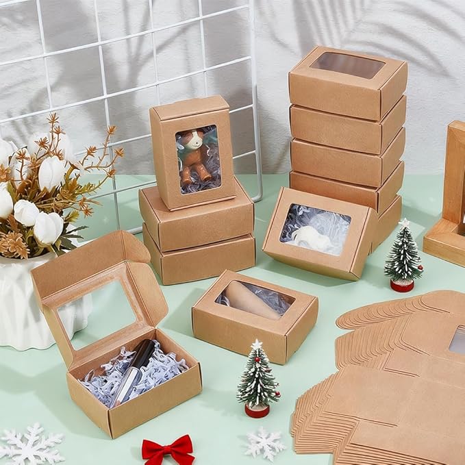 BENECREAT 30 Pack 3.3x2.3x1inch Rectangle Brown Kraft Paper Boxes with Clear Window for Wedding Party Favor Treats, Bakery, Valentine's Day Jewelry Gift Packaging