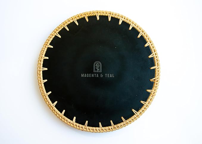 Magenta & Teal Round Rattan Serving Tray with Mother of Pearl Inlay, Wicker Coffee Table Decor, Farmhouse Style (Blue Tan Flower)