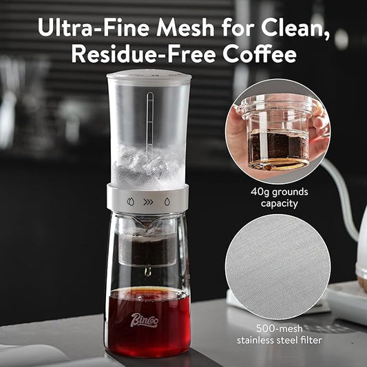 Bincoo Drip Cold Brew Coffee Maker,450ml High Borosilicate Glass Ice Drip Coffee Brewer,Adjustable Dual-Outlet Drip Speed, Constant Pressure Brewing