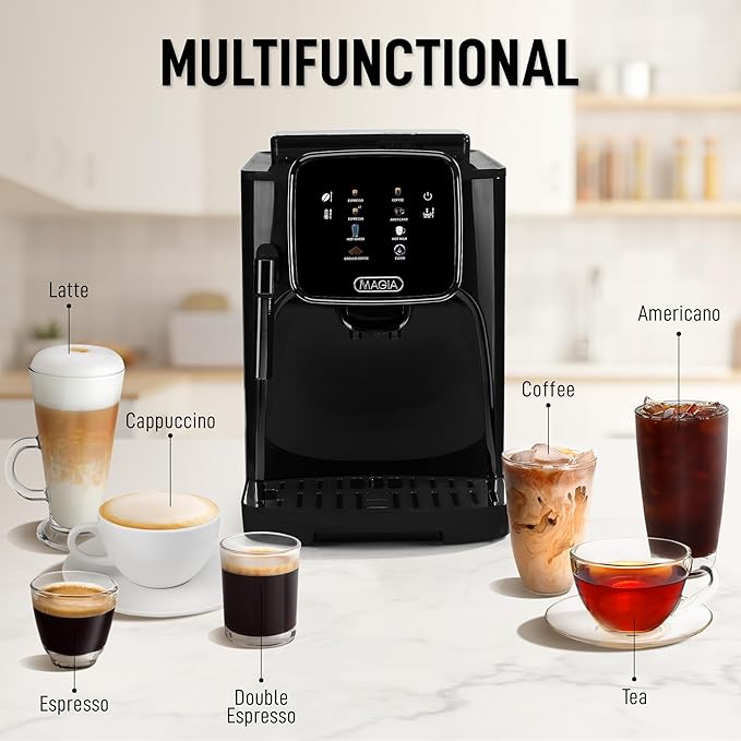 Zulay Kitchen Magia Clasica Automatic Espresso Machine with Built-In Grinder, Touch Panel Coffee Maker, Steam Wand Milk Frother, Adjustable Strength, Self-Cleaning, Black