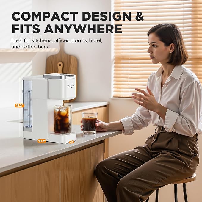 Tastyle Single Serve Coffee Maker, Iced and Hot Coffee Machine for K Cup & Grounds, Compact Design, 40oz Removable Water Reservoir, 6 to 24 Oz Brew Sizes, Fits 7.3" Travel Mug, White