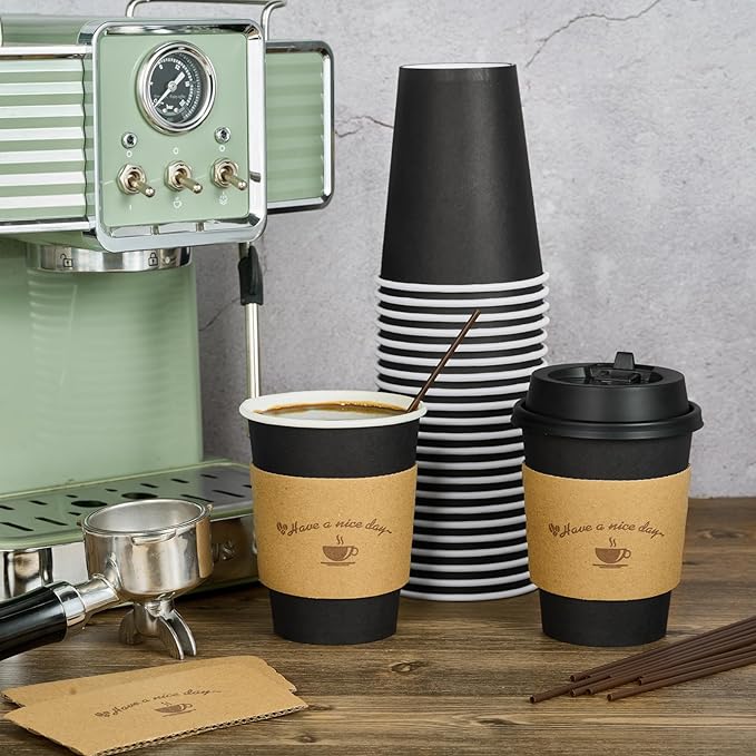 LITOPAK 100 Pack 12 oz Paper Coffee Cups for Hot Chocolate Drinks, Black Disposable Coffee Cups with Lids, Sleeves and Stirring Sticks for Parties, Picnic, Travel, and Events