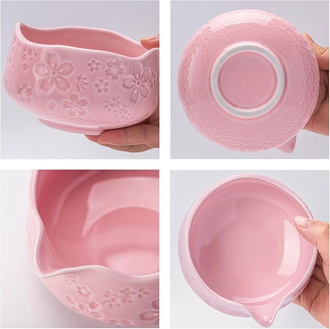 TEANAGOO 7-PCS Pink Matcha Whisk Set with Cherry Blossom Design, Complete Ceremony Kit, Ceramic Chawan Bowl with Spout, Whisk & Accessories, Traditional Matcha Tea Set for Lattes& Gift Giving