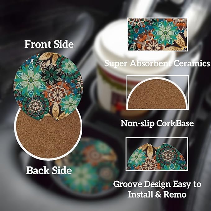 Car Cup Holder Coasters, 2 Pcs Ceramic Coasters with Finger Slot and Cork Back, Anti-Slip Shock Absorbing Women and Men Universal Car Accessories - Vintage Flower