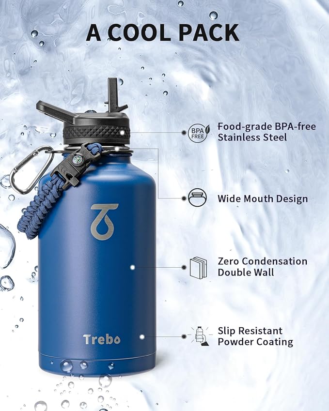 Trebo Water Bottle 64oz with Paracord Handle, Half Gallon Large Vacuum Double Wall Stainless Steel Insulated Water Jug with Holder Strap Straw Spout Lids, Leakproof Keep Cold & Hot,Classic Blue