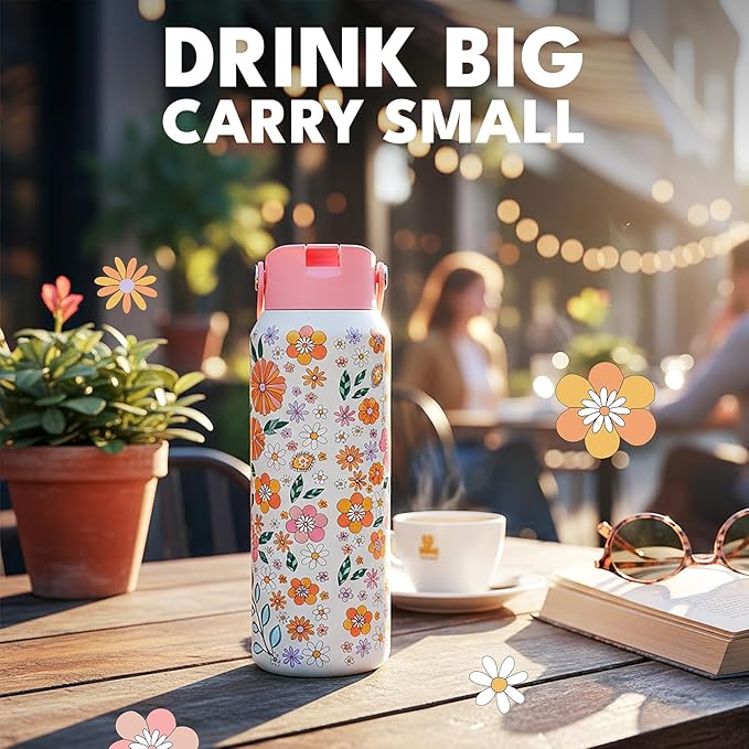 Elemental 40oz Insulated Water Bottle with Straw - 100% Leak-Proof Stainless Steel Core Water Bottles for Travel, Sports and Gym - Double Wall Insulation & BPA Free - Blossom Luxe