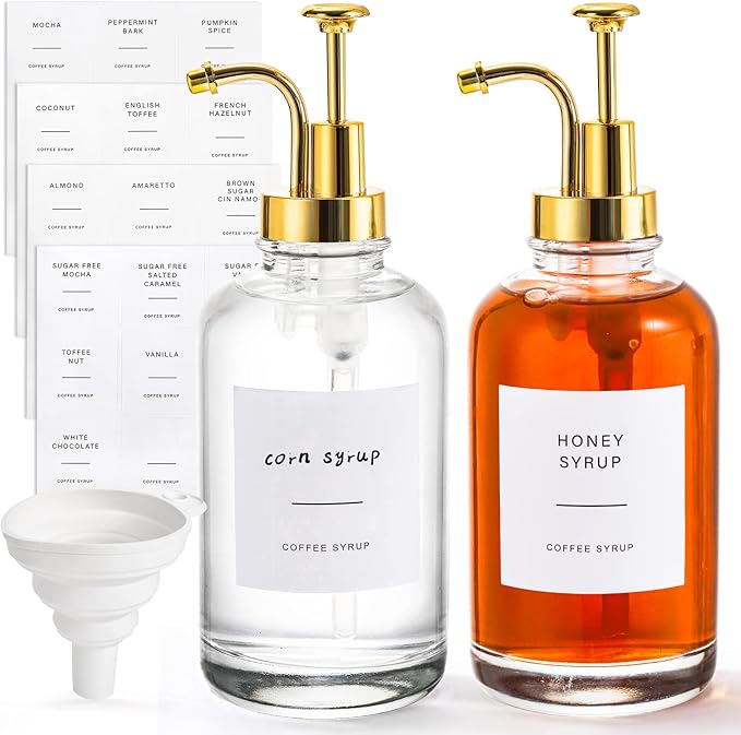 2 Pack Coffee Syrup Dispenser, 16.9 oz 500 ml Coffee Pump Dispenser, Glass Syrup Bottle with 36 Labels and Golden Pumps, Soap Dispenser for Coffee Bar Accessories, Caramel