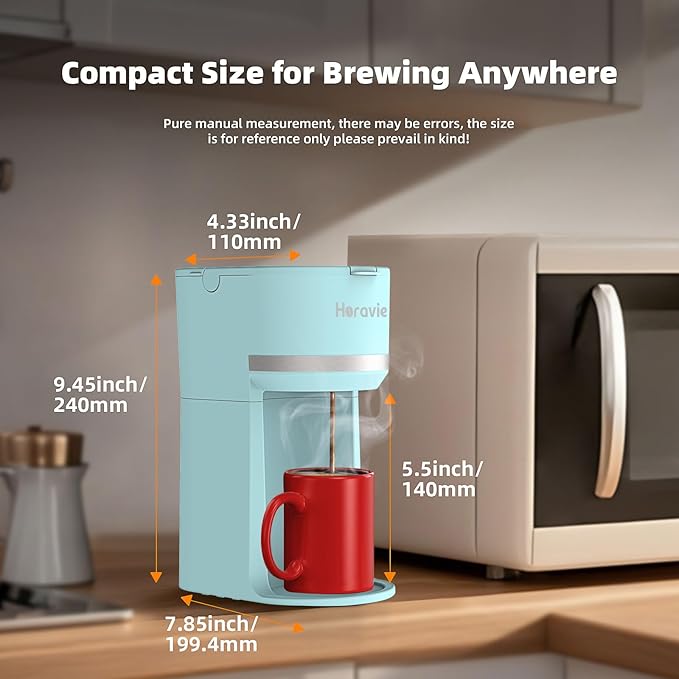 Horavie Mini Single Serve Coffee Maker for K Cup and Ground Coffee, Fast Brew One Cup Coffee Machine with Descaling Reminder and Water Window, 6 to 12 oz. Brew Sizes, Light Blue