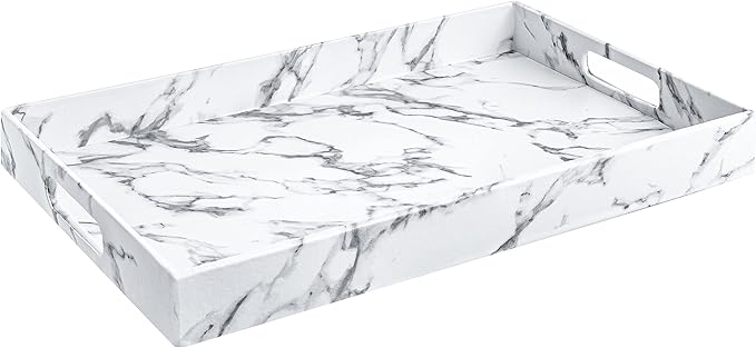 Modern Elegant 17.5"x12" Rectangle White Marble Faux Leather Decorative Tray Ottoman Coffee Table Perfume Living Room Kitchen Serving Tray Display Vanity with Handles for All Occasion's