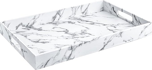 Modern Elegant 17.5"x12" Rectangle White Marble Faux Leather Decorative Tray Ottoman Coffee Table Perfume Living Room Kitchen Serving Tray Display Vanity with Handles for All Occasion's