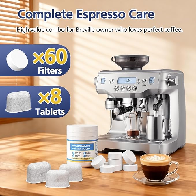 Cleaning Kit for Breville, 60 Cleaning Tablets and 8 Water Filters for Breville Espresso Machines - 2g Espresso Machine Tablets-16 Months Supply