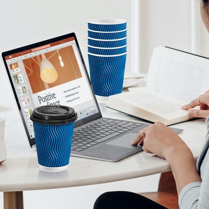 Clawsoff 100 Pack Coffee Cups with Lids 10 oz, Disposable Insulated Ripple Wall To Go Paper Coffee Cups for Hot/Cold Drinks Office Home Shop Event (Navy)