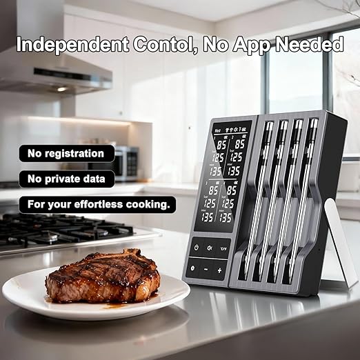Wireless Smart Meat Thermometer with 4 Probes & APP Alerts, 800ft Bluetooth Grill Thermometer, 0.19In Ultra Thin Probes, ±0.5℉ Accuracy, Big Digital Backlit Screen, for Kitchen BBQ, Oven, Smoker