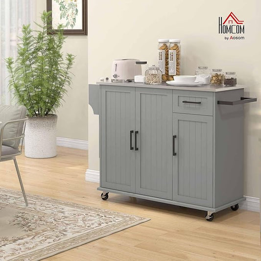HOMCOM Kitchen Island Cart with Storage, Rolling Kitchen Island on Wheels with Drawer, 3 Cabinets, Stainless Steel Countertop, Spice Rack and Towel Rack, Gray