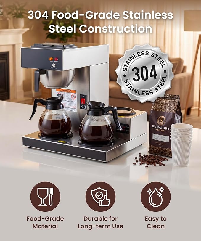 SYBO Commercial Coffee Maker 12 Cup, Pour Over Drip Coffee Maker Brewer with 3 Lower Warmers, Stainless Steel Cafetera