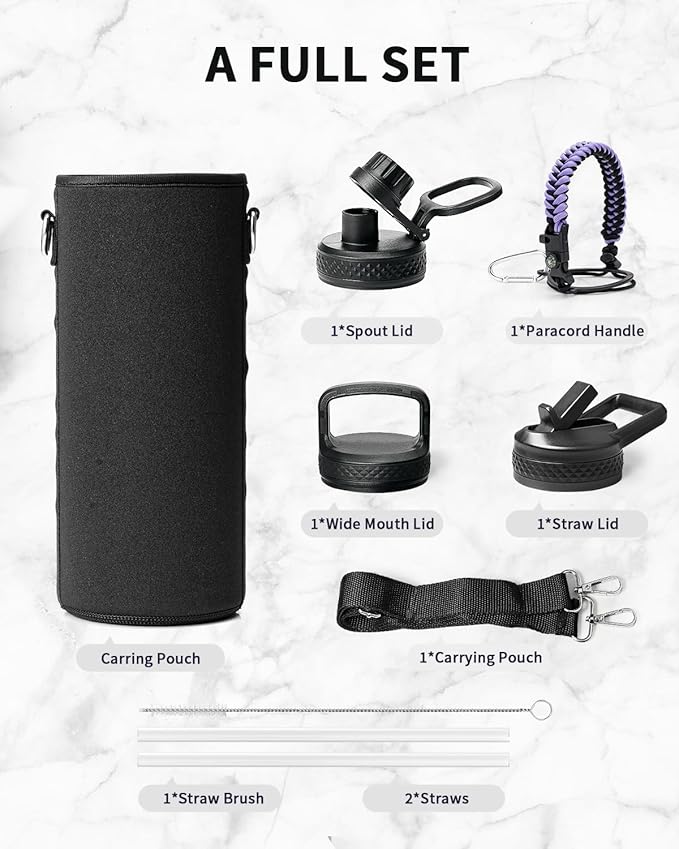 Trebo Water Bottle 40oz with Paracord Handle, Half Gallon Large Vacuum Double Wall Stainless Steel Insulated Water Jug with Holder Strap Straw Spout Lids, Leakproof Keep Cold & Hot,Dark Purple
