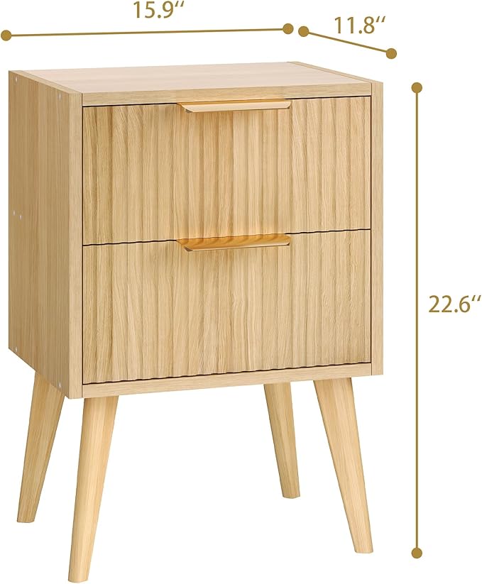 Fluted Nightstand,Small Bedside Table,Natural Wood Night Stand,Light Wood Side Table with Solid Wood Legs,End Table for Bedroom,Small Space 11.8" D x 16" W x 22.4" H Natural CTG55Y