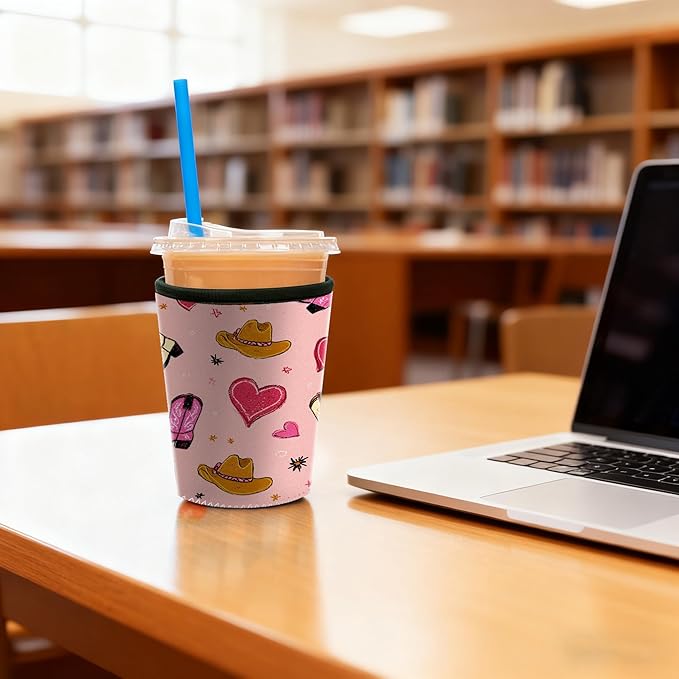 Boho Lotus Flower Neoprene Iced Coffee Cup Sleeve Set, Reusable Cold Drink Holder, Fits 16-30oz Cups, 3 Pack (yeehaw pink)