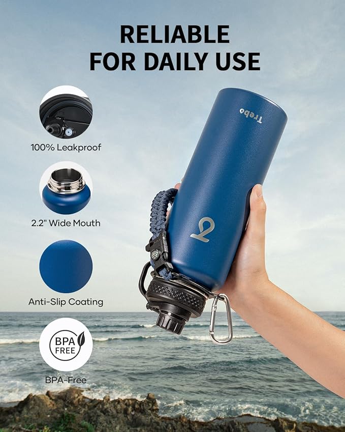 Trebo Water Bottle 40oz with Paracord Handle, Half Gallon Large Vacuum Double Wall Stainless Steel Insulated Water Jug with Holder Strap Straw Spout Lids, Leakproof Keep Cold & Hot,Classic Blue
