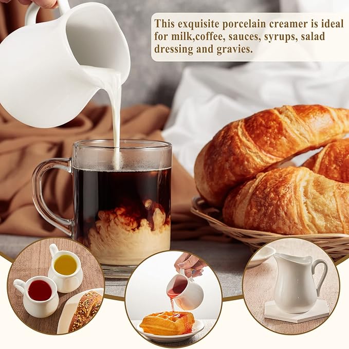 Nuanchu 6 Pcs 4.5 oz Small Creamer Milk Pitcher, Classic White Porcelain Creamer with Handle, Ceramic Maple Syrup Dispenser, Coffee Dairy Container for Milk Sauce Salad, Microwave