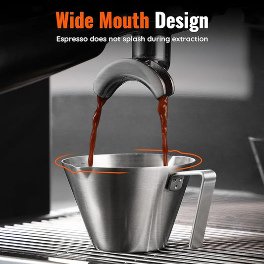 YARRAMATE 2 Pcs Espresso Cups with Handle, Stainless Steel Espresso Accessories, Double Spout Metal Measuring Cup with Dual Scale, Espresso Shot cup with V-Shaped Mouth, 3.4OZ/100ML(Silver)