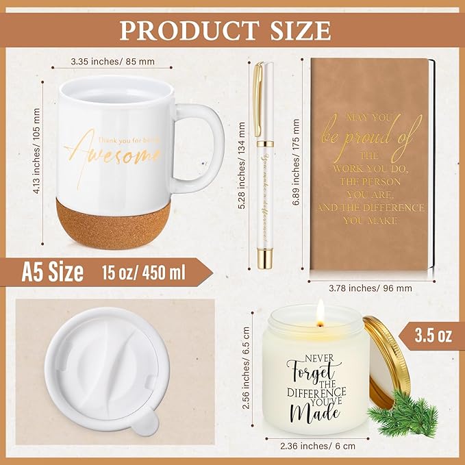 4 Pcs Thank You Gift for Women Men Employee Coworker Inspirational Appreciation Gifts Notebook Coffee Mug Scented Candle Pen Gift for Valentine's Day Team Office Staff Nurse Volunteer(Khaki)