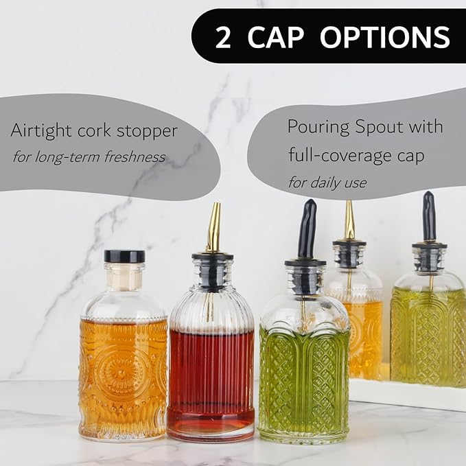 Simple Syrup Bottles Set of 6, Glass Coffee Syrup Dispenser Bottles 7 OZ With Metal Pour Spout, Labels and Stopper, Glass Syrup Dispenser for Maple Honey Syrup Oil and Sauces, SC060