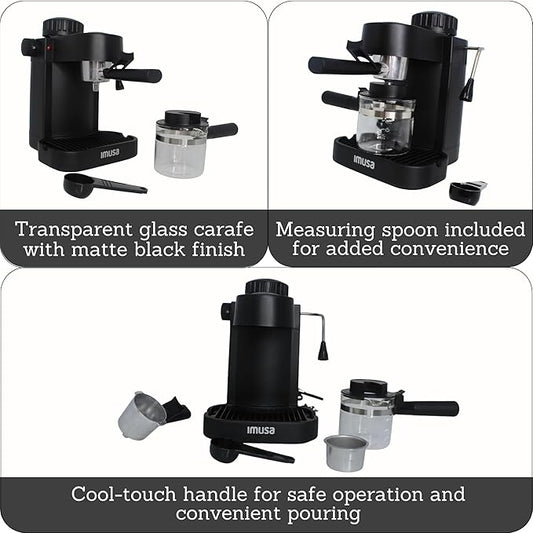 IMUSA Electric Espresso Cappuccino Maker 4 Cup Capacity with Milk Frother Black Coffee Machine for Home Barista Experience