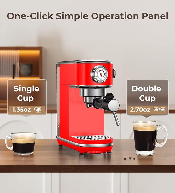 20 Bar Espresso Machine with Milk Frother, Compact Espresso Maker, Stainless Steel Coffee Machine with Precise Temp Control & 44oz Removable Water Tank for Latte, Cappuccino, Red
