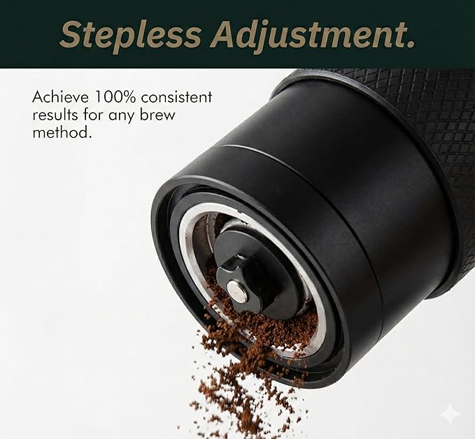 Manual Coffee Grinder with Ceramic Conical Burr - AeroPress Compatible Hand Coffee Mill with Click-Lock Stepless Adjustment - Portable Precision Espresso Grinder for Camping, Home & Travel
