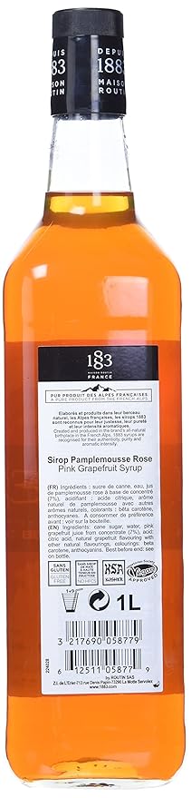 1883 Pink Grapefruit Syrup for Drinks, Made in France, 1 Liter Glass Bottle
