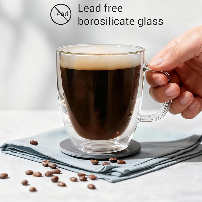 Double Walled Glass Coffee Mugs with Handle (Set of 2) - 19oz Clear Espresso Cup, Transparent Coffee Mugs for Daily Use & Gift, Transparent Mug for Hot Coffee, Iced Tea & Cappuccino (560 ml)